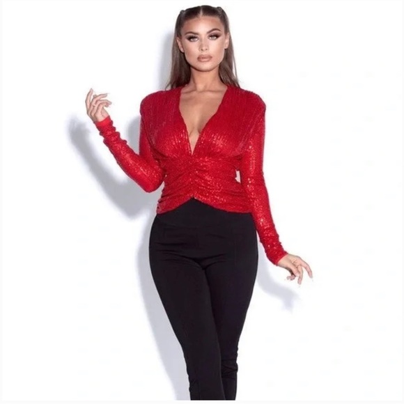 Miss circle Tops - Red sequin deep V ruched long sleeve shoulder pad top
